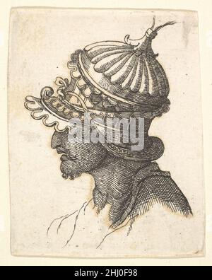 Helmeted Kopf 17th Jahrhundert (?) Kopie nach Wenzel Hollar Böhmischer Kopf und Schultern eines Kriegers mit Schnurrbart und kleinem Bart, im Profil links, mit einem extravaganten Helm, der seine Augen bedeckt. Kopie in umgekehrter Reihenfolge nach Hollars Radierung. Behelmter Kopf 360817 Stockfoto