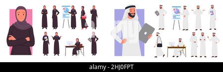 Cartoon junge arabische Frau und Mann arbeiten, zeigen auf Präsentationboard, zu Fuß isoliert auf weiß. Saudische Geschäftsfrau und Geschäftsmann in verschiedenen Stock Vektor