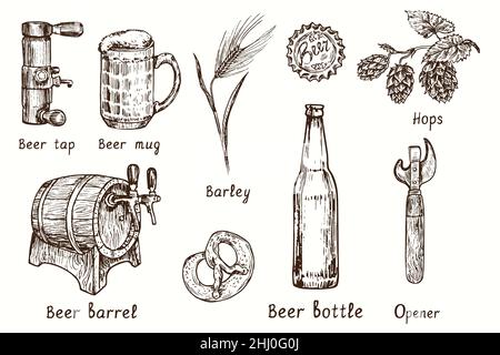 Biersammlung, Zapfhahn, Becher mit Grübchen, Fass, Gerste, Flaschenverschluss, Hopfen, Brezel, Flasche, Dose und Flaschenöffner. Tinte schwarz und weiß Doodle Zeichnung Stockfoto