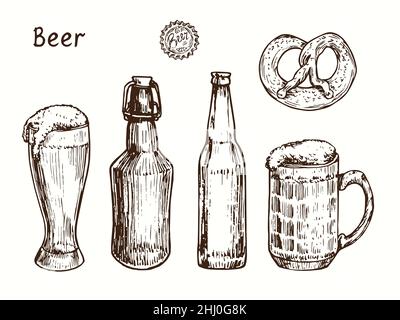 Bierflaschen, Glas, Becher und Brezel. Tusche schwarz-weiße Doodle Zeichnung im Holzschnitt-Stil. Stockfoto