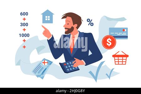 Cartoon-Mann in Anzug Berechnung der Allokation, Zahlungen und finanzielle Bilanz mit Rechner und Bankbericht. Finanzen, Plankonzept. Familie Persoal Stock Vektor