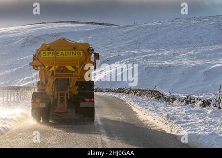 Ratstaggons, die nach einem Schneesturm eine Landstraße mit Salz befahren, North Yorkshire, Großbritannien. Stockfoto