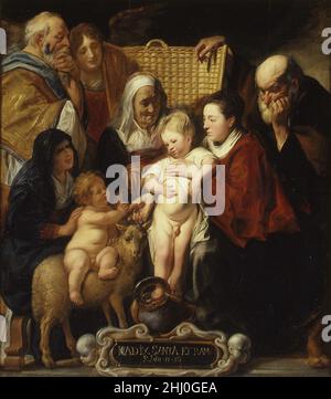 Die Heilige Familie mit der Heiligen Anna und dem Jungen Täufer und seinen Eltern Anfang 1620s und 1650s hat Jacob Jordaens das Flämische Jordaens nach vielen Jahren häufig seine eigenen Gemälde überarbeitet, wie er es hier tat. Das Christuskind, Maria und Joseph, die Mutter der heiligen Anna der Jungfrau und wahrscheinlich eine Version des jungen heiligen Johannes des Täufers wurden Anfang 1620s als eine enge Familienversammlung dargestellt. Mindestens fünfundzwanzig Jahre später fügte der Künstler Bretter an die Eichenplatte hinzu und malte die Eltern des Täufers, die Heiligen Elisabeth und Zacharias, und einen Engel auf der linken Seite. Ihr malerischer Stil steht im Kontrast zum Auto Stockfoto