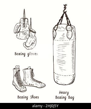 Boxschuhe, Handschuhe und schwerer Boxsack. Tusche schwarz-weiße Doodle Zeichnung im Holzschnitt-Stil. Stockfoto