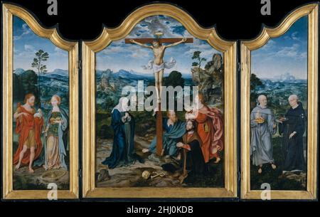 Die Kreuzigung mit Heiligen und einem Spender ca. 1520 Joos van Cleve Niederlandisch in diesem herrlichen Triptychon wurden die Talente eines Landschaftsexperten mit denen des figurativen Malers Joos van Cleve kombiniert. Der Schauplatz der Kreuzigung, die von der Jungfrau, dem heiligen Johannes und dem Spender mit seinem Schutzheiligen Paulus bezeugt wird, ist eine weitläufige Landschaft, deren Stil Joachim Patinir (dargestellt im Triptychon in der Nähe) zu verdanken ist. Die panoramaaussicht vereint das Interieur. Auf dem linken Flügel befinden sich die Heiligen Johannes der Täufer und Katharina, auf der rechten Seite Antonius von Padua und Nikolaus von Tolentino. Letzteres Stockfoto