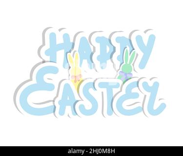 Frohe Ostern Aufkleber blaue Beschriftung und Hase Kaninchen. Isolierter, weißer Hintergrund. Vektorgrafik Stock Vektor