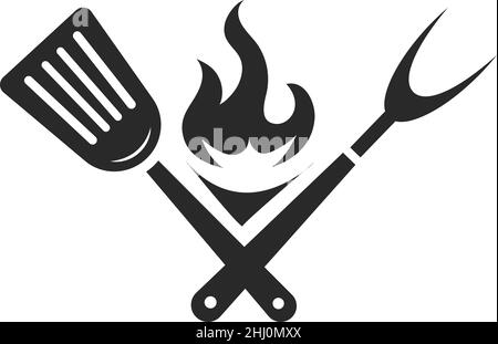 Grillgeräte mit Feuer. Schwarzes Barbecue-Logo. Schild zum Kochen von Fleisch Stock Vektor