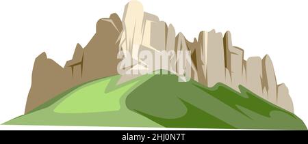 Felsenberge auf grünen Hügeln. Cartoon-Element im Landschaftsformat Stock Vektor