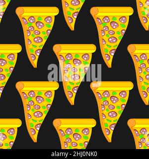 Nahtlose Muster Pizza Scheibe mit Salami auf schwarzem Hintergrund Vektorbild Stock Vektor