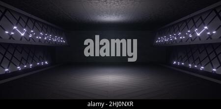 Futuristisches Sci Fi Betonflur Korridor Tunnel Lagerhaus Tiefgarage Grunge Dunkel Leere Reflexion Showcase Bühne Weißblau Glow Raumschiff Stockfoto