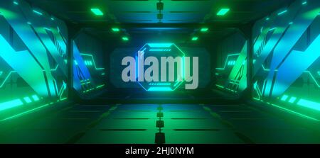 Fliegen durch endlose leuchtende Tunnel. Konstruktion mit neon leuchtenden Sechsecken. Hyper-Schleife. Abstrakt kreativ futuristischen Hintergrund. Reflektierender Surfa Stockfoto