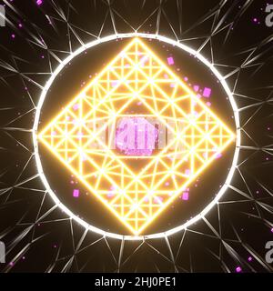 3D Rendern. Abstrakte geometrische Formen. Kreatives, einfaches Motion Design mit 3D Objekten. Moderner Hintergrund, Bildschirmschoner, Hintergrund. Rotierende Objekte Gold p Stockfoto