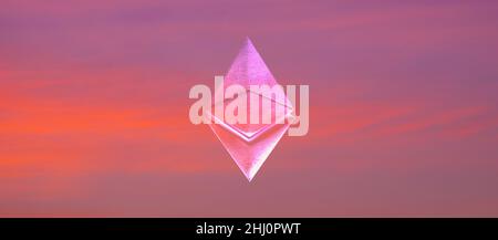 eth Art Symbol auf purpurem Himmel Hintergrund, Kryptowährung für nft Illustration. Stockfoto