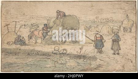 Bauern laden Hay 17th. Jahrhundert Nachfolger von Hendrick Avercamp der Holländer Hendrick Avercamp, einer der beliebtesten Maler des Goldenen Zeitalters, ist bekannt für seine ikonischen Winterlandschaften. Diese unverhohlen Sommerszene ist für den Künstler etwas untypisch. Fleißige Bauern sammeln Heu auf einer weiten, ausgestreckten Wiese. Zwei Männer laden ihren Wagen, während ihr Pferd fleißig auf weitere Aktionen wartet. Rechts nähern sich zwei Frauen, möglicherweise mit Vorsorge. Sowohl wegen des Themas als auch wegen des Stils ist dieses Blatt für Avercamp eher untypisch und daher auch für ra Stockfoto