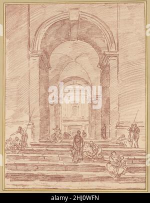 Figuren in einer römischen Arkade 1763 Hubert Robert Französisch Hubert Robert schuf seit Beginn seiner Karriere in Italien architektonische capricci (Ansichten, die bestehende Monumente in imaginären Kompositionen kombinieren), wie die italienischen Meister Giovanni Battista Piranesi (1720-1778) und Giovanni Paolo Panini (1691-1765). Auf dieser roten Kreidezeichnung verleiht Hubert Robert der Darstellung eines erfundenen Ortes ein Gefühl der beobachteten Realität. Der große Umfang der Struktur und die axiale Perspektive, die den Blick auf ein anderes Gebäude einrahmen, erinnern beide an den palazzo dei conservatori in Rom, obwohl die Architektur Stockfoto