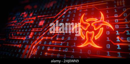 Warnmeldung für Virenerkennung auf dem Computerbildschirm. Cyber-Sicherheit, Hacking Angriff digitalen Hintergrund. Firewall-Alarm, Schutz vor Internet-Viren Stockfoto