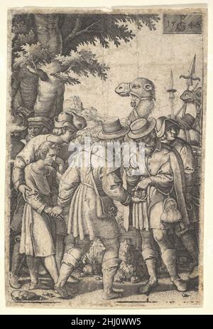 Joseph verkauft an die Kaufleute: Ein bärtiger Mann, der Joseph mit der linken Hand ergreift, erhält Münzen in der rechten Hand aus der Serie 'die Geschichte von Joseph' 1546 Georg Pencz deutsch. Joseph verkaufte es an die Händler: Ein bärtiger Mann, der Joseph mit der linken Hand ergreift, erhält Münzen in seiner rechten Hand aus der Serie 'die Geschichte Josephs' 399029 Stockfoto