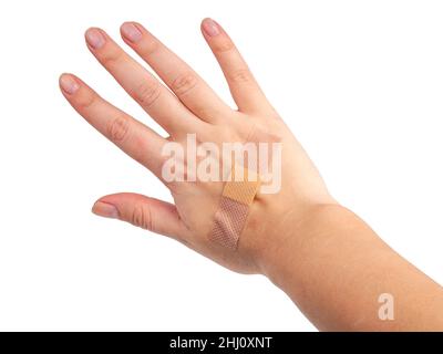 Medizinischer Pflaster auf der Hand isoliert auf dem weißen Stockfoto
