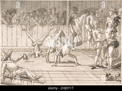 Szene des zeitgenössischen Lebens: Die Akrobaten 1727–1804 Giovanni Domenico Tiepolo Italienisch Diese amüsante Komposition gehört zu einer großen Gruppe von fertigen, unabhängigen Zeichnungen, die Szenen des zeitgenössischen Lebens darstellen, die mit Sicherheit Domenicos bedeutendste Leistung als Zeichner darstellen. Diese Genreszenen haben alle das gleiche große horizontale Format, und das Datum 1791 erscheint auf mindestens zwanzig von ihnen. Zwei der Akrobaten der Met, die Schauspielerin mit einem Fan und mehrere Zuschauer hinter der Barrikade tauchen in „Pulcinella e i saltimbanchi“, einem von Domenico's Fresken aus der Villa Tiepol, wieder auf Stockfoto