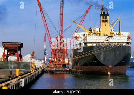 Frachtschiff im Hafen (Hafen). Industrielle Hafenladekräne, die Roherz für den Versand transportieren. Infrastruktur Port Elizabeth, Hafenbehörde, USA Stockfoto