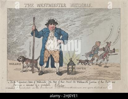 The Westminster Watchman 12. April 1784 Thomas Rowlandson. Der Westminster Watchman. Thomas Rowlandson (British, London 1757–1827 London). 12. April 1784. Handkolorierte Radierung. Charles James Fox (Großbritannien, 1749–1806). Ausdrucke Stockfoto