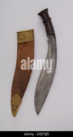 Messer (Kukri) mit Scheide 19th. Jahrhundert indisch oder nepalesisch, Gurkha. Messer (Kukri) mit Mantel. Indisch oder nepalesisch, Gurkha. 19th Jahrhundert. Stahl, Holz, Leder, Gold. Messer Stockfoto