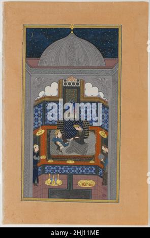 'Bahram Gur und die indische Prinzessin im Dunklen Palast am Samstag', Folio 23v aus einem Haft Paikar (Sieben Porträts) des Khamsa (Quintett) von Nizami von Ganja ca. 1430 Nizami der Künstler hat eine hervorragende Farbharmonie erreicht und gleichzeitig die Dunkelheit des Pavillons vermittelt, die der Text verlangt. Die Perfektion solcher Muster wie die Fliesenarbeiten und solche Details wie die Tabletts, die Flaschen, Tassen und Früchte für das königliche Paar enthalten, sind charakteristisch für die äußerst hohe Qualität dieser Herat-Miniaturen. 'Bahram Gur und die indische Prinzessin im Dunklen Palast am Samstag', Folio 23v aus einem Haft Paikar ( Stockfoto