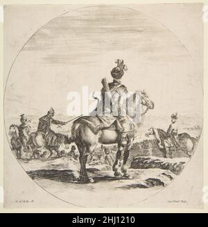 Polnischer Reiter mit Pfeil und Bogen, von hinten gesehen mit dem Pferd nach rechts, kreisförmige Komposition, aus 'Figures on Horseback' (Cavaliers Nègres, polonais et hongrois) ca. 1651 Stefano della Bella Italienisch. Polnischer Reiter mit Pfeil und Bogen, von hinten gesehen mit dem Pferd nach rechts, kreisförmige Komposition, aus 'Figures on Horseback' (Cavaliers Nègres, polonais et hongrois) 376678 Stockfoto