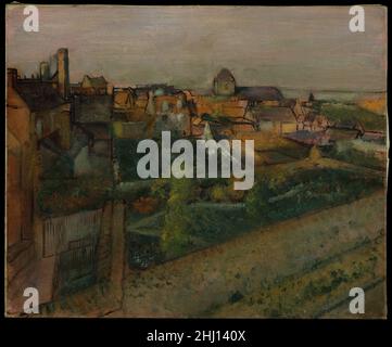 Ansicht von Saint-Valéry-sur-Somme 1896–98 Edgar Degas das französische Gemälde Provençal von Saint-Valéry-sur-Somme, einer mittelalterlichen Stadt an der Picardie-Küste nordwestlich von Paris, zeigt den Standort von einem erhöhten Aussichtspunkt aus und bietet einen Blick auf Dächer und façades sowie Hinterhöfe und Gärten. Diese Landschaft wurde nicht vor Ort gemalt, sondern später im Atelier des Künstlers, wo er mit der Struktur seiner vielen Bilder von Saint-Valéry-sur-Somme experimentierte. Die besonders mehrdeutigen Vordergrund- und gebrochenen Elemente im Hintergrund können sich aus der Synthese zweier separater Zeichnungen ergeben, die auf s skizziert sind Stockfoto