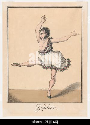 Zéphir 1817–19 George Cruikshank nach einem französischen Druck von 1815 mit dem Titel 'Le doyen des Zéphirs, ou Le roi des voltigeurs' (Dekan der Zéphirs, Oder King of Vaulters) karikiert diese britische Variante den alternden französischen Balletttänzer Auguste Vestris, dessen frühere Athletik ihn in ganz Europa gefeiert hatte. Vestris, geboren in Florenz, einer großen Theaterfamilie angeboren, trat 1776 der Pariser Opéra bei und wurde Tanzmeister von Louis XVI Während der Französischen Revolution lebte er in London, kehrte 1793 nach Paris zurück und wurde nach seiner Pensionierung 1816 zu einem einflussreichen Lehrer. Wie t Stockfoto