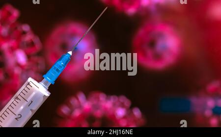 Coronavirus coivd-19 und omicron-Variante Hintergrund. Nahaufnahme der Spritzennadel, Weltepidemie und Impfkonzept Stockfoto