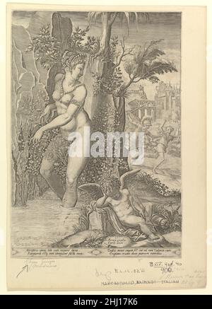 Venus stachelt von den Dornen eines Rosenbusches; Amor schläft im Vordergrund 1556 graviert von Giorgio Ghisi Italienisch. Venus stachelt von den Dornen eines Rosenbusches; Amor schläft im Vordergrund 367474 Stockfoto