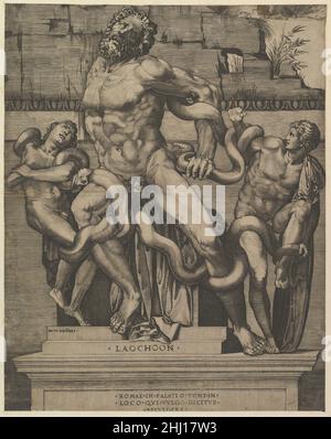 Speculum Romanae Magnificentiae: Laocoon 16th Century Marco Dente Italienisch dieser Druck stammt aus der Kopie des Museums des Speculum Romanae Magnificentiae (der Spiegel der römischen Pracht).der Speculum entstand in den Verlagsbemühungen von Antonio Salamanca und Antonio Lafreri. Während ihrer Karriere im römischen Verlag initiierten die beiden ausländischen Verlage, die zwischen 1553 und 1563 zusammenarbeiteten, die Produktion von Drucken, die Kunstwerke, Architektur und Stadtansichten aus dem antiken und modernen Rom aufzeichnen. Die Drucke konnten einzeln von Touristen und Sammlern gekauft werden, waren aber als Stockfoto