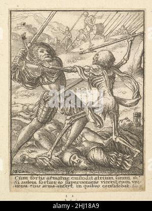 Der Ritter, aus dem Totentanz [1651] Ende des 18th. Jahrhunderts Druck Wenzel Hollar Böhmisch Ein Ritter hebt sein Schwert, um den Tod abzuschrecken, der einen Speer durch ihn laufen wird.im Hintergrund spielt ein Skelett eine Trommel. Der Ritter, aus dem Tanz des Todes 361663 Stockfoto