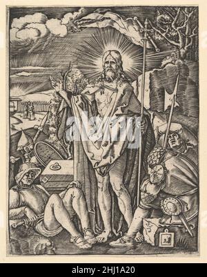 Die Auferstehung; Christus steht vor verschlossenem Grab, hält eine Flagge und segnet, Wachen schlafen im Vordergrund, nach Dürer ca. 1500–1534 Marcantonio Raimondi Italienisch. Die Auferstehung; Christus steht vor einem verschlossenen Grab, hält eine Flagge und segnet, Wachen schlafen im Vordergrund, nach Dürer 342736 Stockfoto