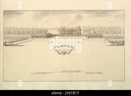 West Front of Houghton Hall in Norfolk, Perspective 1735 Thomas Ripley die Zeichnung zeigt Houghton in seinem Park, mit Figuren und Hunden vor dem Rasen und Rehen, die hinter dem Gelände herumlaufen. Der Titel ist in einer Kartusche in der unteren Mitte mit einem perspektivischen Plan unten gerahmt. Das Bild bezieht sich auf Isaac Wares und Thomas Ripleys Buch 'die Pläne, Erhebungen und Abschnitte, Schornsteinstücke und Decken von Houghton in Norfolk' (Erstveröffentlichung 1735; zweite Ausgabe 1755 mit Zusatz 'Beschreibung der Bilder in Houghton' von Horace Walpole). Westfront der Houghton Hall in Norfolk, Perspecti Stockfoto