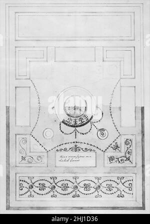 Entwurf für eine Decke im Esszimmer in der Kelmarsh Hall, Northamptonshire, ca. 1770 James Wyatt British. Design for a Dining-room ceiling at Kelmarsh Hall, Northamptonshire 383604 Künstler: James Wyatt, British, Weeford, Stafforshire 1746?1813 near Marlborough, Wiltshire, Design for a Dining-room ceiling at Kelmarsh Hall, Northamptonshire, ca. 1770, Tinte und Aquarell über Graphit, Blatt: 20 1/4 x 14 3/16 Zoll (51,5 x 36 cm). Das Metropolitan Museum of Art, New York. The Elisha Whittelsey Collection, The Elisha Whittelsey Fund, 1958 (58,511(43)) Stockfoto