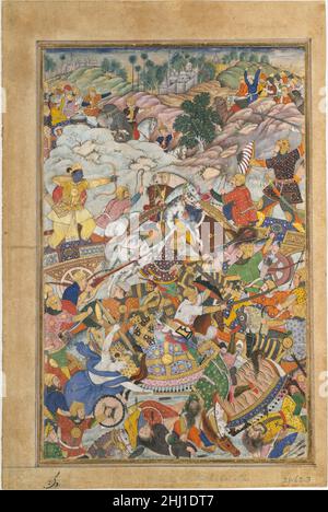 'Krishna und Balarma kämpfen gegen den Feind', Folio aus einer Harivamsa (die Legende von Hari (Krishna)) ca. 1590–95 In dieser epischen Szene aus der persischen Übersetzung des Hindu-Klassikers Harivamsa treffen Sich Eine Menge Krieger. Krishna, links, steht auf einem Wagen und ist dabei, einen Pfeil freizugeben. Sein Pfeil ist für einen Soldaten in schwarz-goldener Rüstung bestimmt, der auf einem Wagen steht und Schild und Schwert führt. Krishna ist mit gelben Gewändern, einem Körperschild und einer Krone bekleidet. Unter ihm, und näher an der linken Ecke, ist Balarama, der mit seinem Pflug und Stößel kämpft. Er ist angezogen Stockfoto