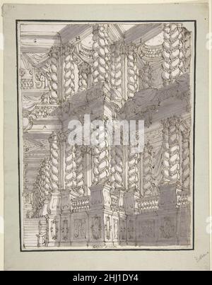 Design für Bühnenbild mit Double Story of Torqued Columns und Balustraden. 1659–1739 Francesco Galli Bibiena Italienisch. Design für Bühnenbild mit Double Story of Torqued Columns und Balustraden. 344000 Stockfoto