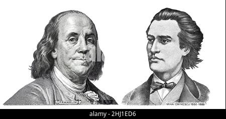 Benjamin Franklin kürte die neue 100-Dollar-Banknote und Mihai Eminescu Schnitt die 1000 rumänische lei-Banknote zu Designzwecken ab Stockfoto