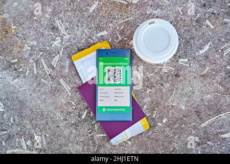 Smartphone mit gültigem digitalen Impfpass QR-Code für COVID-19 Stockfoto