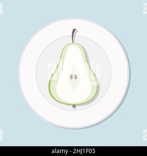 Birne reif grün, auf die Hälfte geschnitten. Gesunde Ernährung Mahlzeit auf dem Teller. Vektorgrafik. Einfaches, flaches Stockbild. Tropische Früchte auf dem Tisch, gesund vegetarisch Stock Vektor