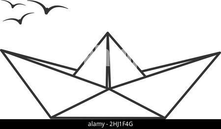 Papierboot und Möwen, Kontur Vektorgrafik isoliert auf weißem Hintergrund Stock Vektor