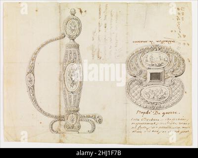 Entwurf für einen Smallsword-Griff ca. 1780 French Diese seltene Zeichnung gibt uns einen Einblick, wie ein eleganter Schwertgriff speziell für einen individuellen Kunden entworfen wurde. Auf der linken Seite ist der vorgeschlagene Griff im Profil zu sehen; auf der rechten Seite ist sein Muschelschutz von oben zu sehen. In der Notation rechts unten steht: „die Grenze und ihr Design erscheinen mir etwas schwach, aber achten Sie nicht auf meine Meinung, wenn es nicht Ihrem Geschmack entspricht.“ Die grammatikalisch falsche Natur der Franzosen deutet darauf hin, dass der Schriftsteller jemand mit wenig formaler Ausbildung war, vielleicht der Handwerker, der das Gehilz machte oder der Kaufmann, der es verkaufte Stockfoto