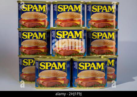 Dosen von Spam Luncheon Meat, USA Stockfoto