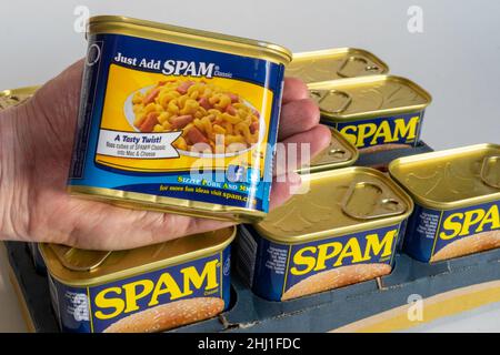 Dosen von Spam Luncheon Meat, USA Stockfoto