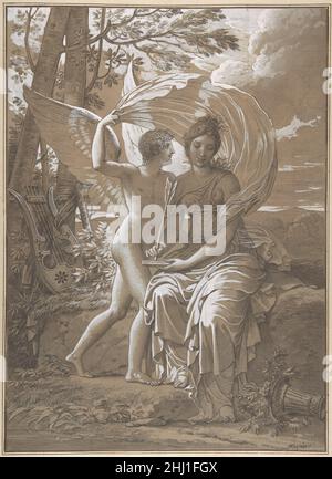 Die Muse Erato Schreiben Verse inspiriert von Liebe Ca. 1797 Charles Meynier Französisch im Jahr 1797 beauftragte der industrielle Textilhersteller François-Bernard Boyer-Fonfrède Meynier, neun Leinwände mit Apollo und den Musen für einen großen Raum in seinem Haus in Toulouse zu malen. Meynier stellte das auf dieser Zeichnung basierende Gemälde im Salon von 1800 aus, vollendete aber letztlich nur fünf Leinwände, da seinem Mäzen das Geld ausgegangen war. Die Gemälde wurden um 1824 von General Castella de Berlens im Saal des Schlosses Wallenried, Schweiz, installiert, wo sie bis 1983 blieben. Die Gruppe wurde von übernommen Stockfoto