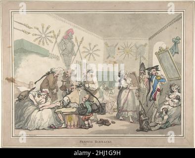 Französische Kasernen 12. August 1791 Thomas Rowlandson Britisch Ein gut dekorierter Barackenraum, der die Unverschämtheit der französischen Offiziere, die sich für die Morgenparade aufziehen, verspottet. Kontrastiert mit der Einfachheit der 'englischen Kasernen'. Französische Kasernen 392857 Stockfoto