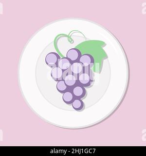 Rote Trauben reifen, lila Beeren, gesunde Ernährung Mahlzeit auf dem Teller. Vektorgrafik. Einfaches, flaches Stockbild. Tropische Früchte auf dem Tisch, gesund vegetarisch Stock Vektor