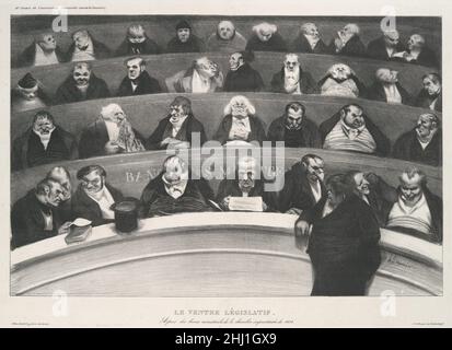 Le ventre législatif: Aspect des bancs ministériels de la chambre improvisée de 1834 January 1834 Honoré Daumier der französische Daumier, einer der großen Karikaturisten des 19. Jahrhunderts, war als pointer politischer Satiriker fruchtbar, bis die Regierung 1835 die vollständige Zensur solcher Themen verhängte. In dieser Lithographie verspottete er die konservativen Mitglieder der Abgeordnetenkammer, die alle für seine Zeitgenossen erkennbar waren, für ihre Arroganz und Korruption und stellte sie als aufgebläht und döst dar. Daumiers Verleger Charles Philipon deckte die Kosten der Geldstrafen des Zensors gegen sein po Stockfoto